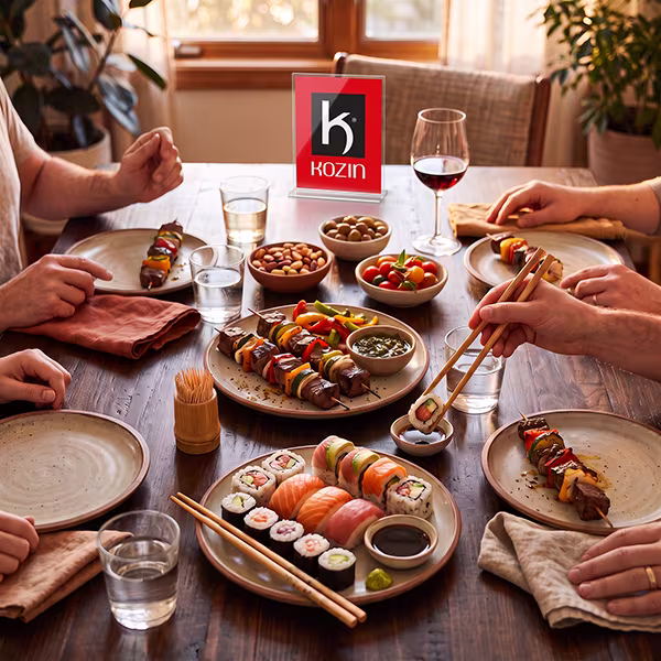 Família à mesa com espetinhos, sushi, hashis e palitos Kozin