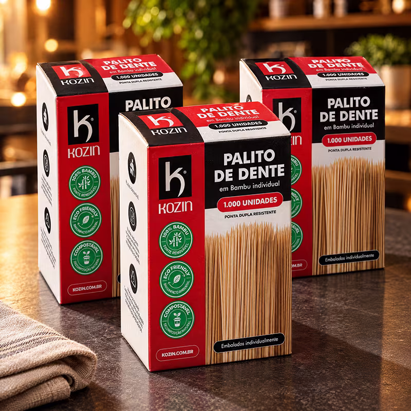 Três caixas de palito de dente Kozin com 1.000 unidades sobre balcão de pedra