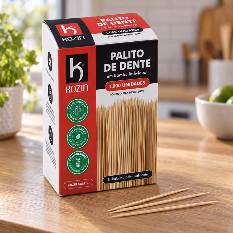 Caixa de palito de dente Kozin com 1.000 unidades sobre bancada de cozinha