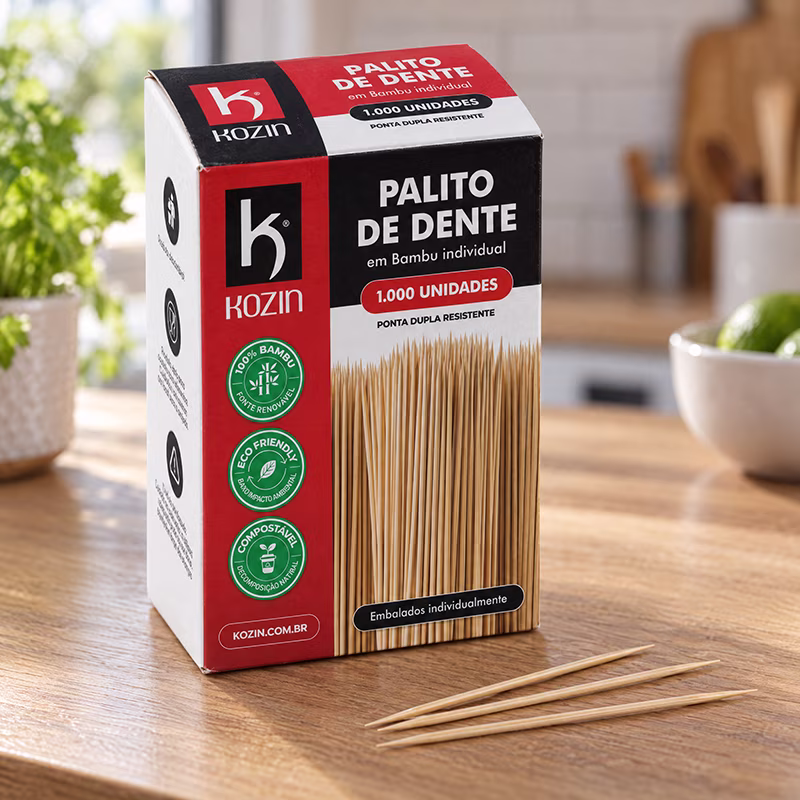 Caixa de palito de dente Kozin com 1.000 unidades sobre bancada de cozinha